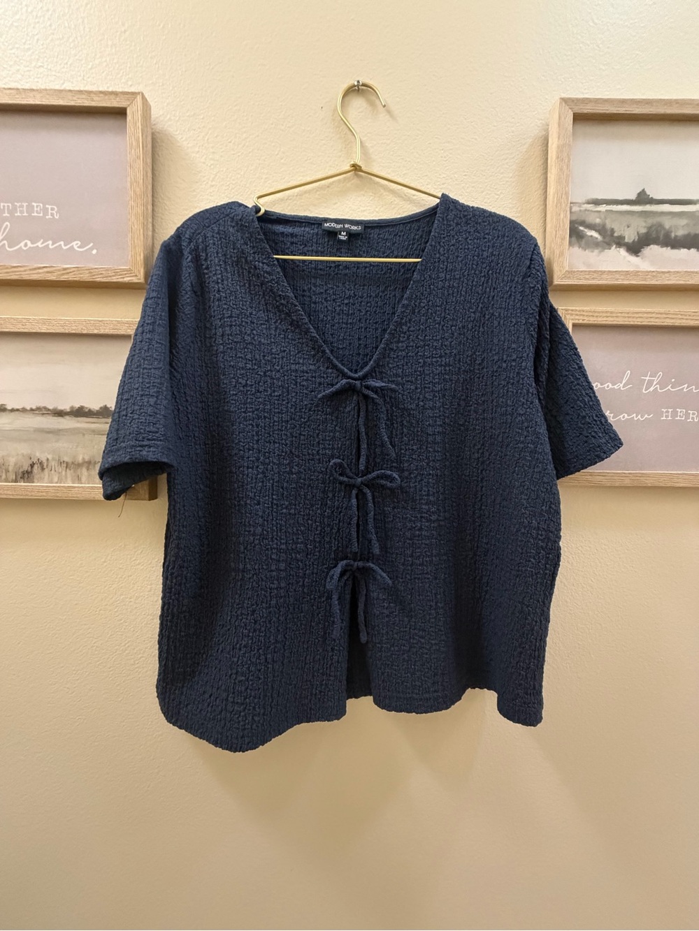 Textured Navy Tie-Front Tunic Top